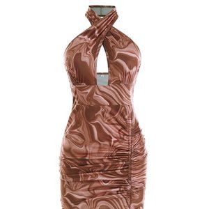 Marble Print Halter Midi Dress Brown
